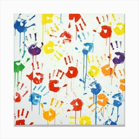 Colorful Handprints Of Different Colors With Paint Drips On A White Background Canvas Print