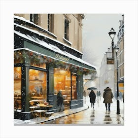 Paris cafes, winter season, Christmas, pale colors, pedestrians in the street, winter clothes, falling snow.3 Canvas Print