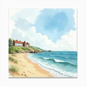 Breezy Day At An English Seaside Resort, Watercolor With Gentle Waves 1 Canvas Print