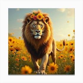 A Majestic Lion With A Mane Of Flowers, Standing Proudly In A Field Of Tall Golden Blooms Canvas Print