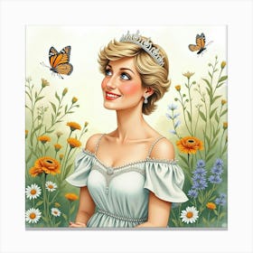 Watercolor Princess Diana In A Tranquil Garden With Butterflies 1 Canvas Print