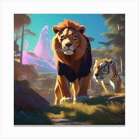 An Animated Scene Of Lions Tigers And Bears Designed In The Style Of Greg Rutkowski Loish Rhads 79795844 (1) Canvas Print