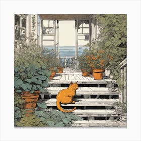 Cat On Porch Canvas Print