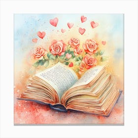 Watercolor Romantic Book Roses Hearts 8 Canvas Print