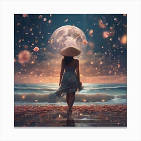 Woman Walking On The Beach At Night Canvas Print