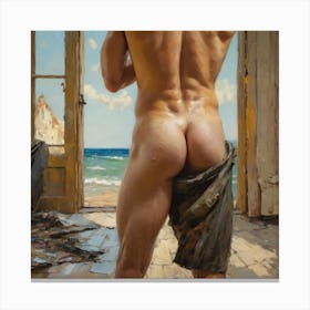 Naked Man On The Beach back view, Vincent Van Gogh Style, nude butt Canvas Print