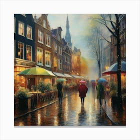 Amsterdam cafes, autumn season, rain, autumn oil colours.Faded colours,People passing on the street, winter clothes, rain umbrellas. 2 Lienzo