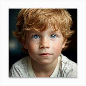 Portrait Of A Little Boy With Strawberry Blond Hair And Blue Eyes Showcasing Freckles Nose Child Canvas Print