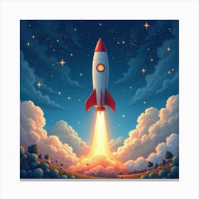 Rocket In A Watercolor Star Studded Celestial Field 1 Canvas Print