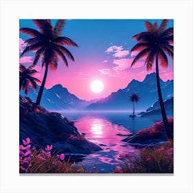 Sunset In The Mountains, Tropical Landscape With Palm Trees, blue sky, wall art, trees, flowers, and sun. good look, Canvas Print