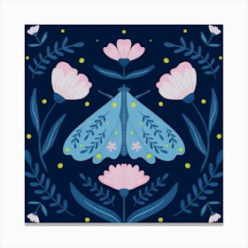 Moth and Flowers - blue and pink Canvas Print