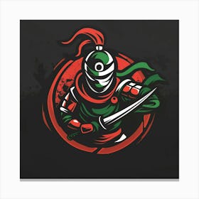 A Modern Logo For , Featuring A Stylized Warrior In Red And Green Armor, Emblematic Of Kimchi Ingredients, Set Against A Sleek, Dark Background Canvas Print