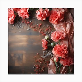 Pink Carnations On A Wooden Table 1 Canvas Print