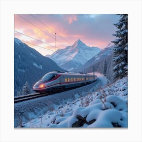 Luxury Bullet Train Traveling Along Snow Capped Mountains At Dusk 1 Canvas Print