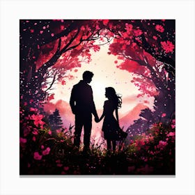 Love At First Sight, Silhouettes Of Two People Hugging Surrounded By Elements Of Nature Flowers Trees Growing , Silhouette Of Couple In The Forest Canvas Print