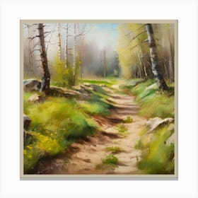 Path In The Woods.A dirt footpath in the forest. Spring season. Wild grasses on both ends of the path. Scattered rocks. Oil colors.5 Canvas Print