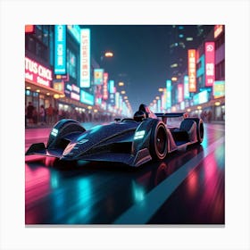 Futuristic Formula Car Zooming Down A Neon Lit Street With Reflections Of Glowing Signs 1 Canvas Print