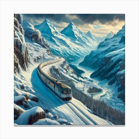 The Glacier Express Train With Snow Mountain And Cliff, Painting Art Canvas Print