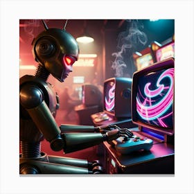 A Worn, Retro Futuristic Robot With Brass Accents And Visible Mechanical Joints Sits In A Dimly Lit, Smoke Filled Arcade, Its Glowing Red Eyes Fixed On A High Tech Video Game Console Displaying A Mesmerizing Neon Lit Virtual World (1) Canvas Print