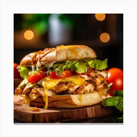 Chicken Sandwich On A Wooden Board 1 Canvas Print