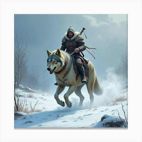 Warrior Riding A Giant Wolf Through A Snowy Battlefield 1 Canvas Print