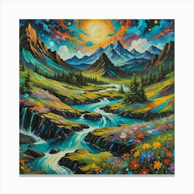 Sunlit Peaks: Verdant Valleys and Cascading Rivers Amidst Floral Wonders. Wall art. Canvas Print