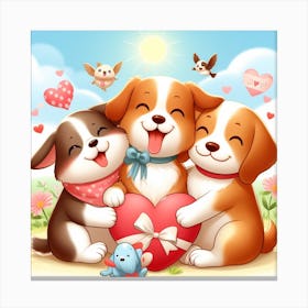 Three Dogs Hugging A Heart Canvas Print