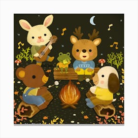 Very cute little animals camping night Canvas Print