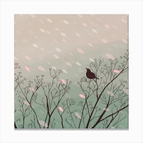 Bird In Rain Square Canvas Print