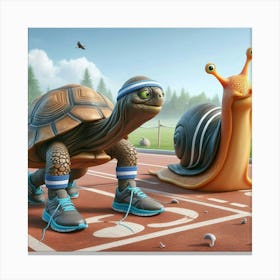 Turtle And Snail On The Track Canvas Print
