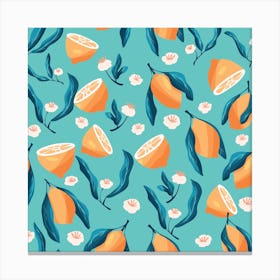 Lemon Pattern With Flowers On Blue Square Canvas Print