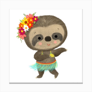 Cute Sloth Dancing Hula Square Canvas Print