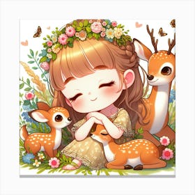 Cute Little Girl With Deer 1 Canvas Print