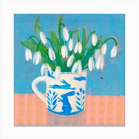Snowdrops In A Mug With A Running Hare Square Canvas Print