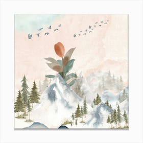 Flower In The Mountains, snowy mountains Realistic illustration of mountain landscape with hill and forest with coniferous trees, Alpine mountain , nature mountains Canvas Print