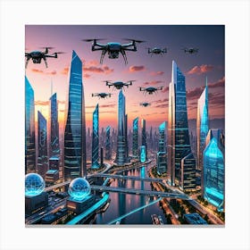 Drones Flying Over Skyscrapers Canvas Print