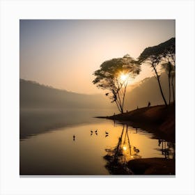 Lake, Mountain, Forest, Sun, Birds 1 Canvas Print