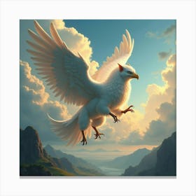 A Mythical Griffin With A Mane Of Swirling Celestial Clouds Soaring Over A Surreal Landscape Canvas Print