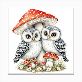 Two Gray Owlets On Red And White Mushrooms Canvas Print