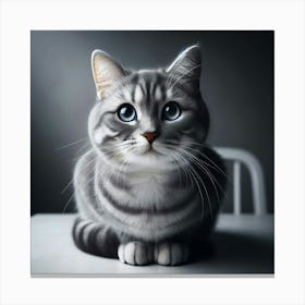 A cute, gray and white cat with big, blue eyes is sitting on a white table and looking at the camera with a curious expression on its face. Canvas Print
