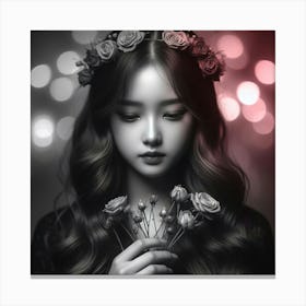 Black And White Portrait Of A Girl With Flowers Canvas Print