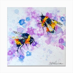 Watercolor Colorful Bees And Flower Square Canvas Print