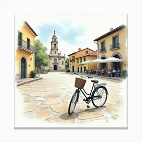 Classic Bike Near A Historic Village Square Watercolor Scene 1 Canvas Print