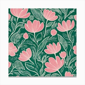 Pink Flowers On Green Background Canvas Print