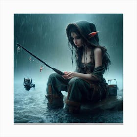 Elf Girl Fishing In The Rain Canvas Print