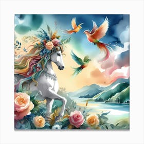 Unicorn With Birds And Flowers Canvas Print