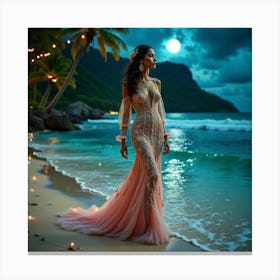 Beautiful Bride On The Beach At Night Canvas Print