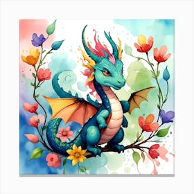 Blue Dragon With Flowers Canvas Print