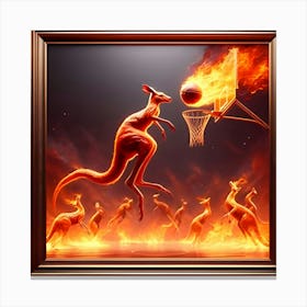 A Bouncing Kangaroo Playing Basketball With Fire, Inspired By The Kinetic Sculptures Of Alexander Calder, With A Fiery Red And Orange Palette, Where The Fire Is In Focus And The Rest Of The Scene Is Blurred 2 Canvas Print