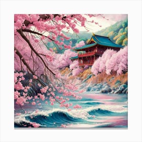 A stunningly vibrant watercolor illustration of a serene Japanese landscape featuring cherry blossoms. The foreground shows a river with gentle waves reflecting the pink hues of the blossoms. 3 Canvas Print